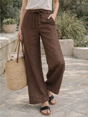LOFT Linen Blend Wide Leg Pants Brown Tie Waist High Rise Size 8 NWT